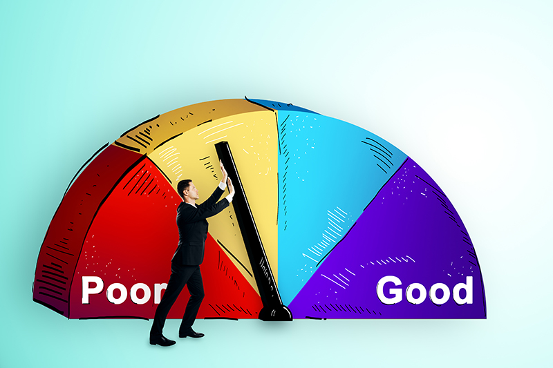 Man in a suit pushing a level for higher credit score - 1 (800) 880-7954